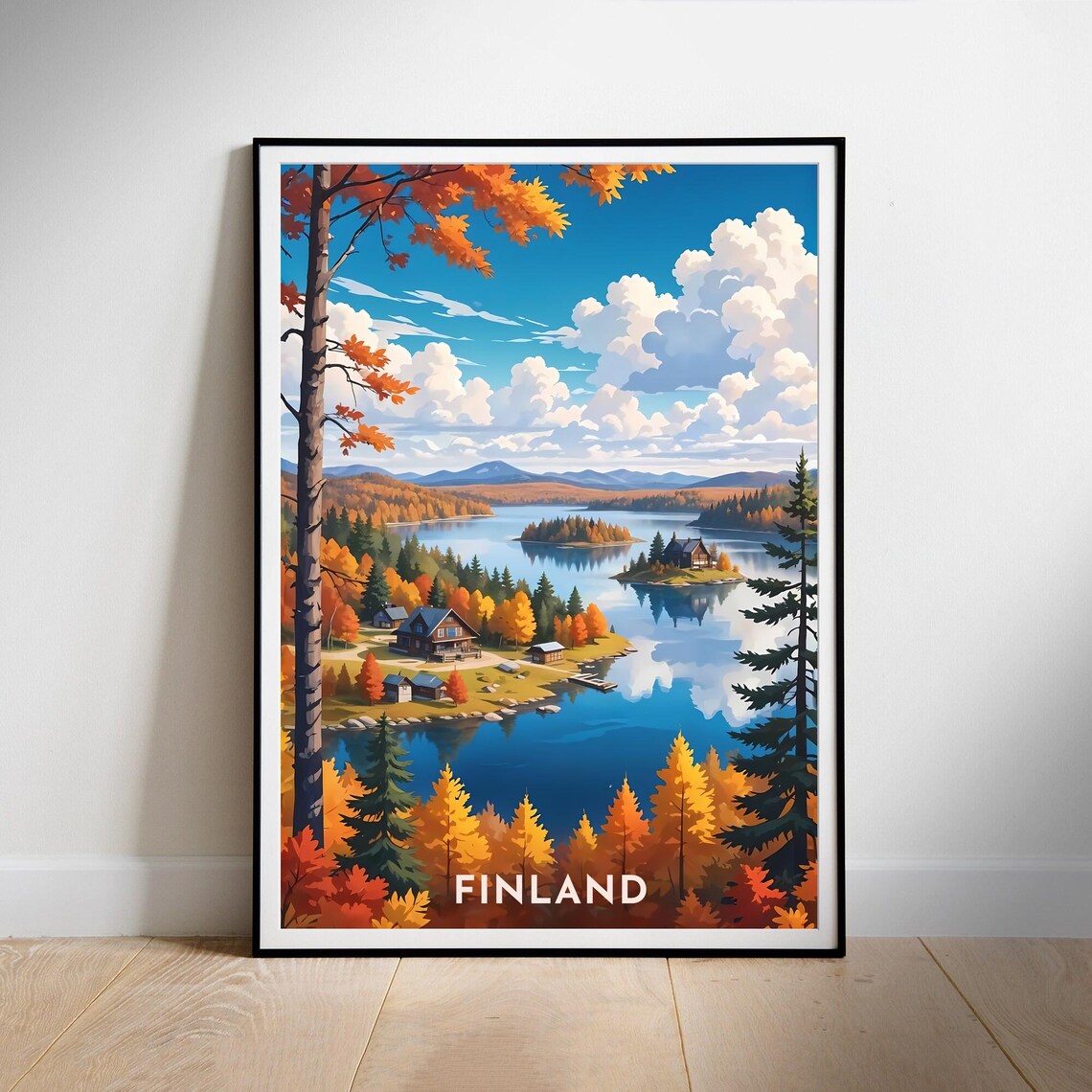 Finland Autumn Lakeside Log Cabins Colorful Nature Travel Poster