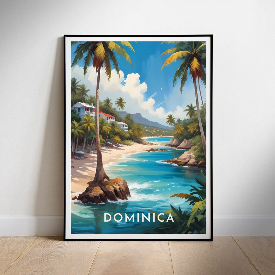 Dominica Tropical Beach Palm Trees Illustrated Travel Art Poster