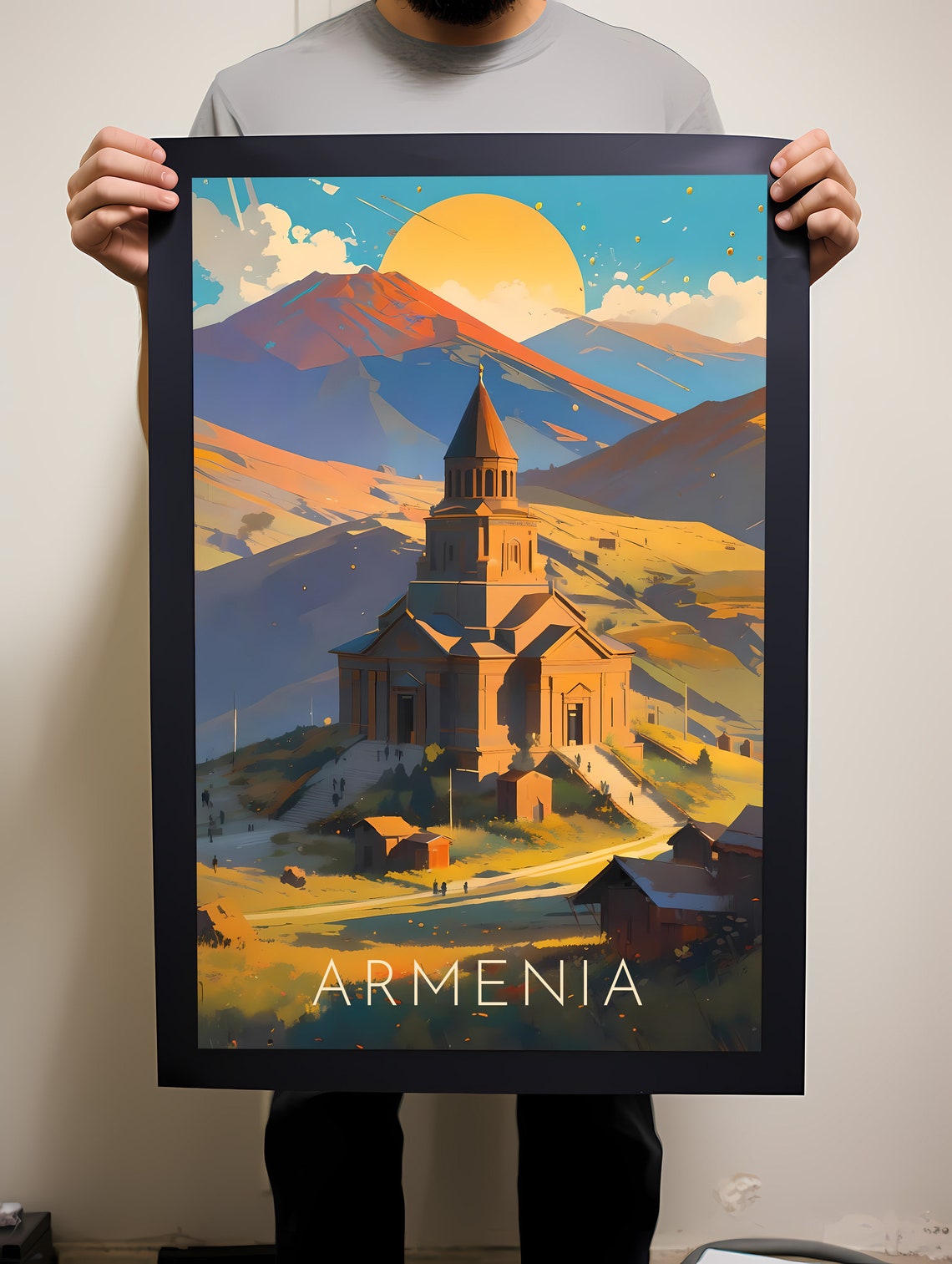 Armenia Mountain Monastery Sunset Golden Light Travel Poster