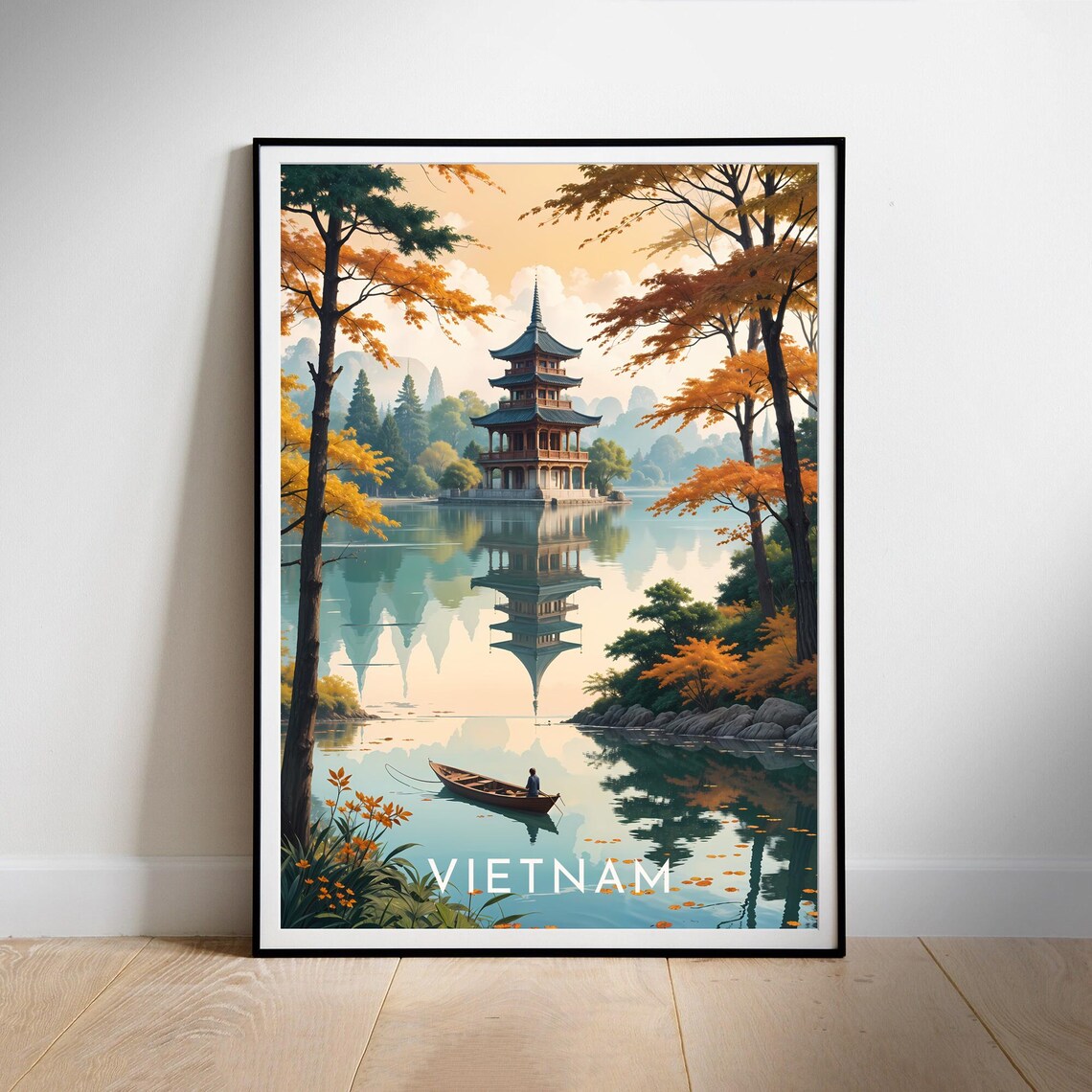 Vietnam Illustrated Pagoda Lake Autumn Vintage Travel Poster - Image 2