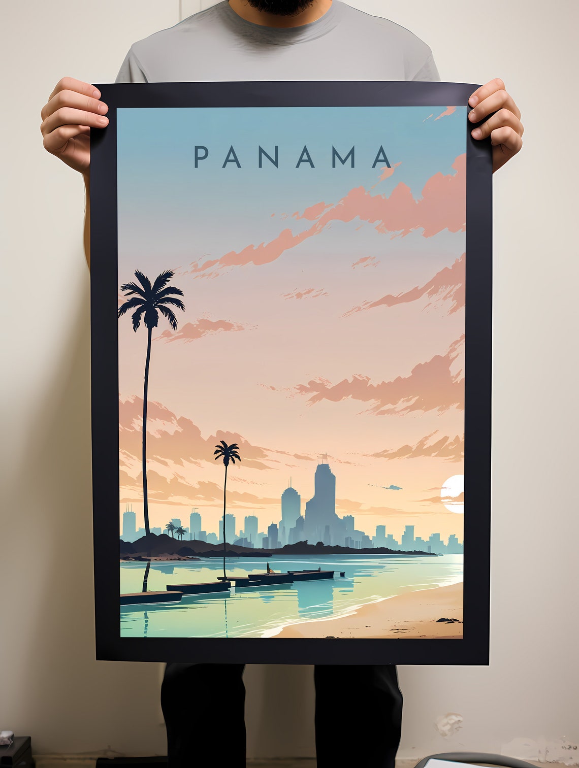 Panama Skyline Golden Sunset Palm Trees Colorful Travel Poster - Image 2
