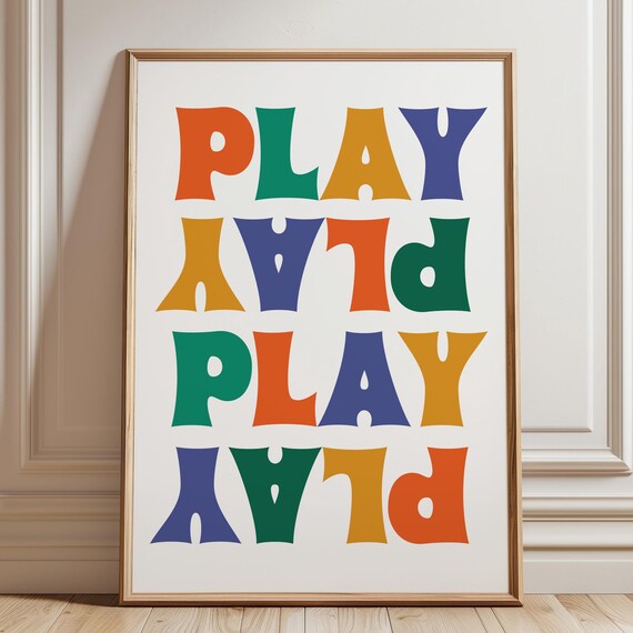 Retro Rainbow PLAY Repeat Typography Poster for Kids Playroom Decor