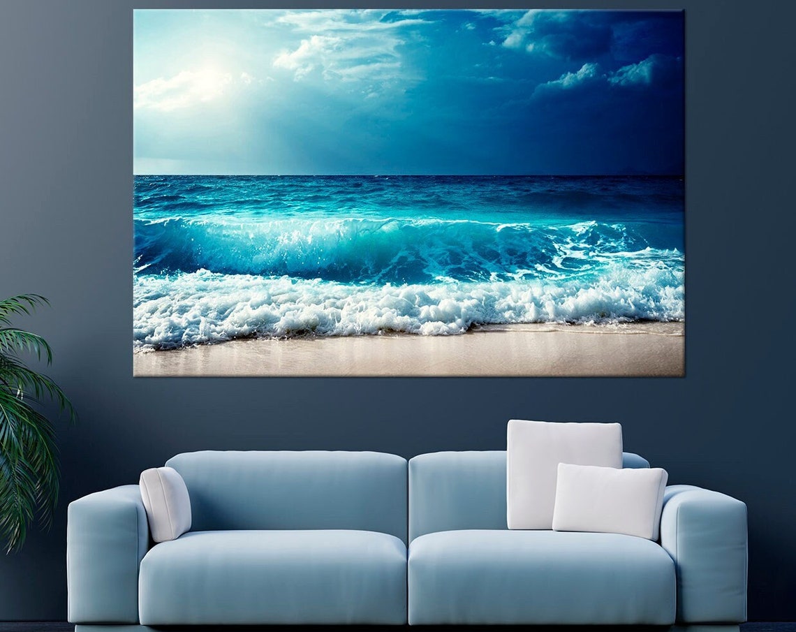 Blue Ocean Waves Crashing White Sea Foam Beach Nature Poster