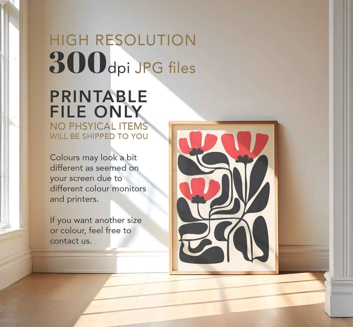 Red Flowers Black Leaves Matisse Style Bold Botanical Wall Poster - Image 2
