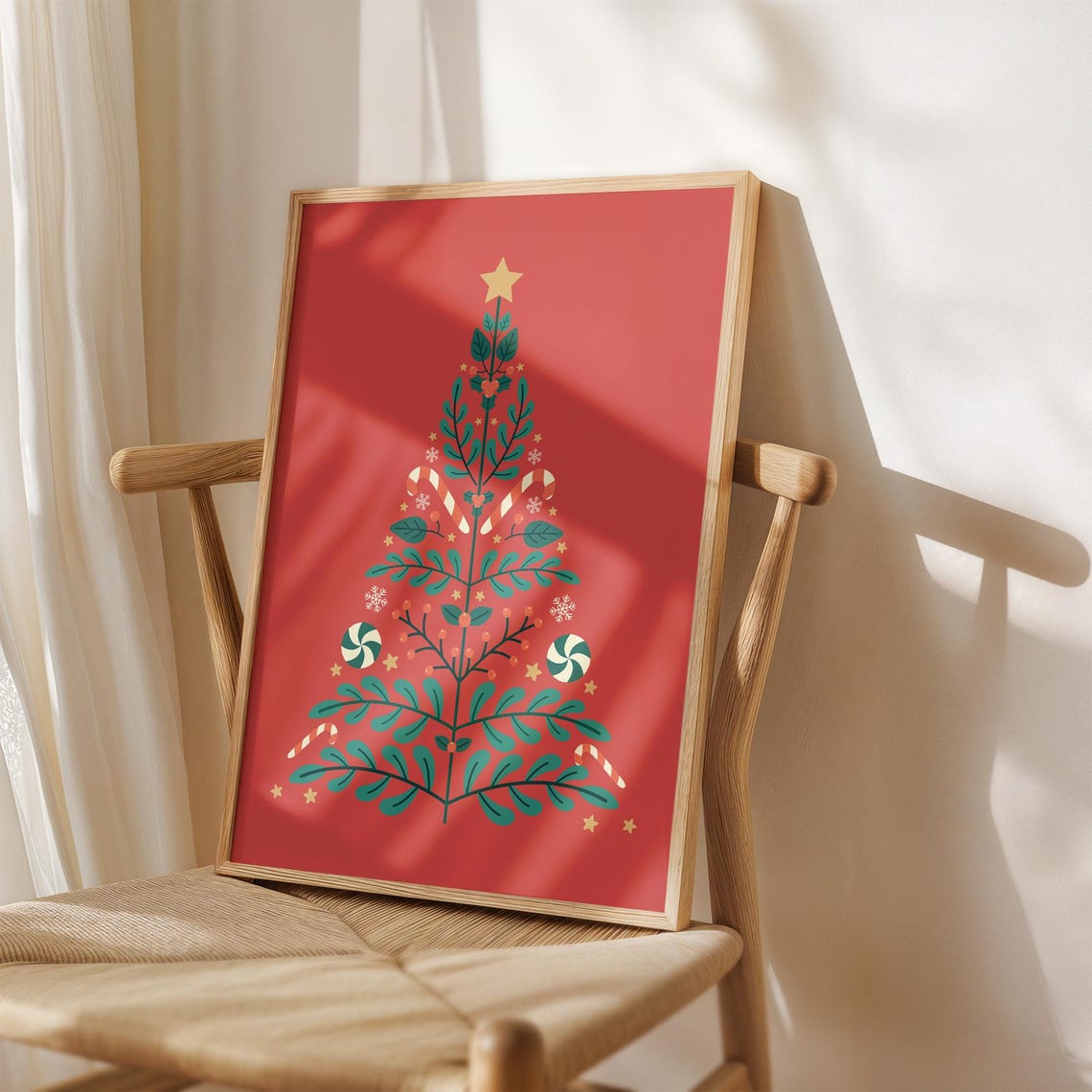 Scandinavian Folk Art Christmas Tree Red Background Holiday Poster - Image 2