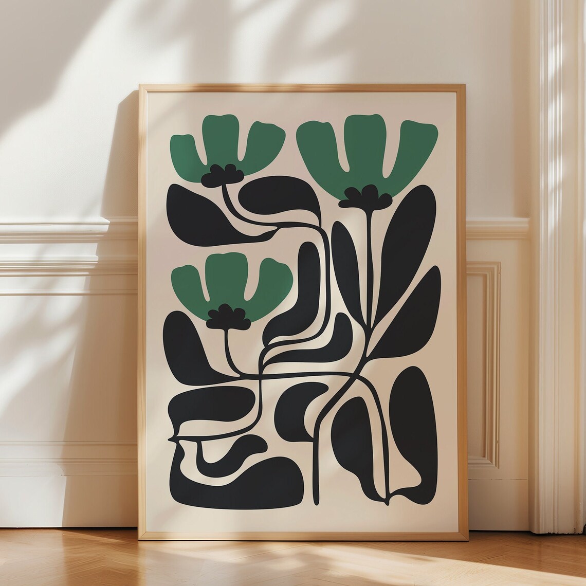 Green And Black Flower Japandi Wall Art Print