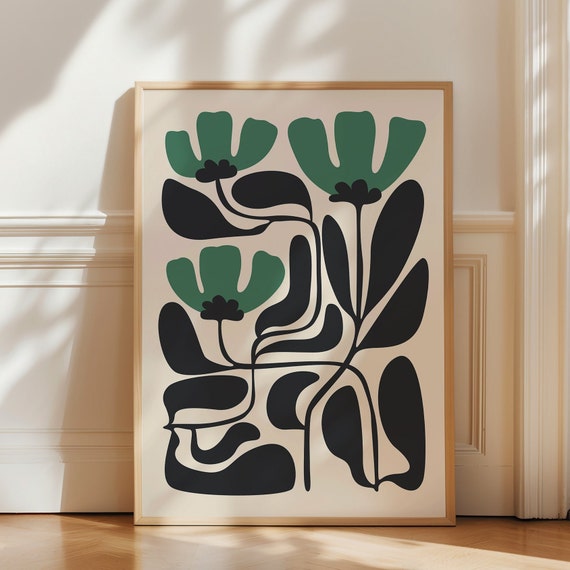 Green And Black Flower Japandi Wall Art Print