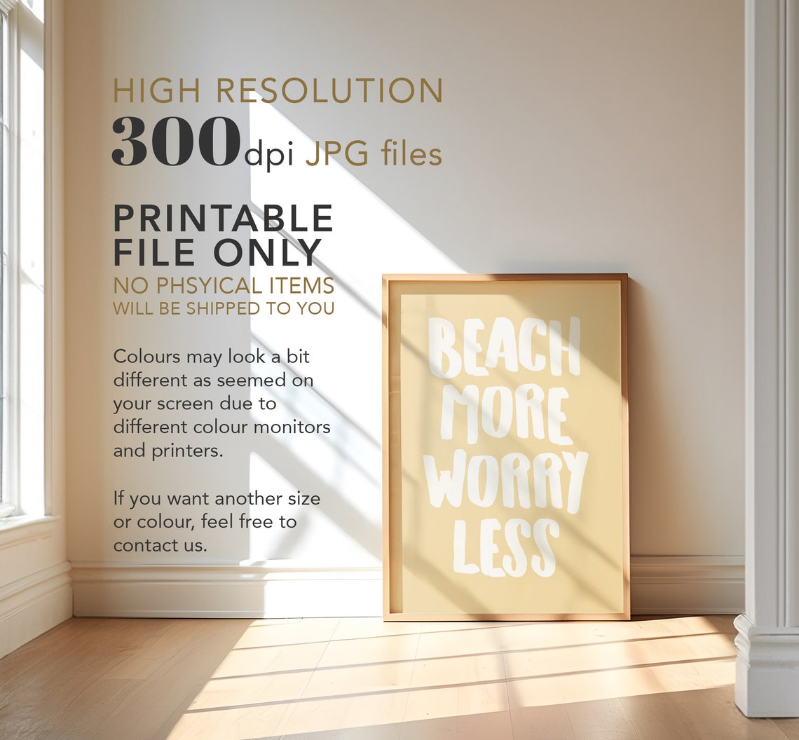 Beach More Worry Less Bold White Lettering Sandy Tan Wall Poster - Image 4