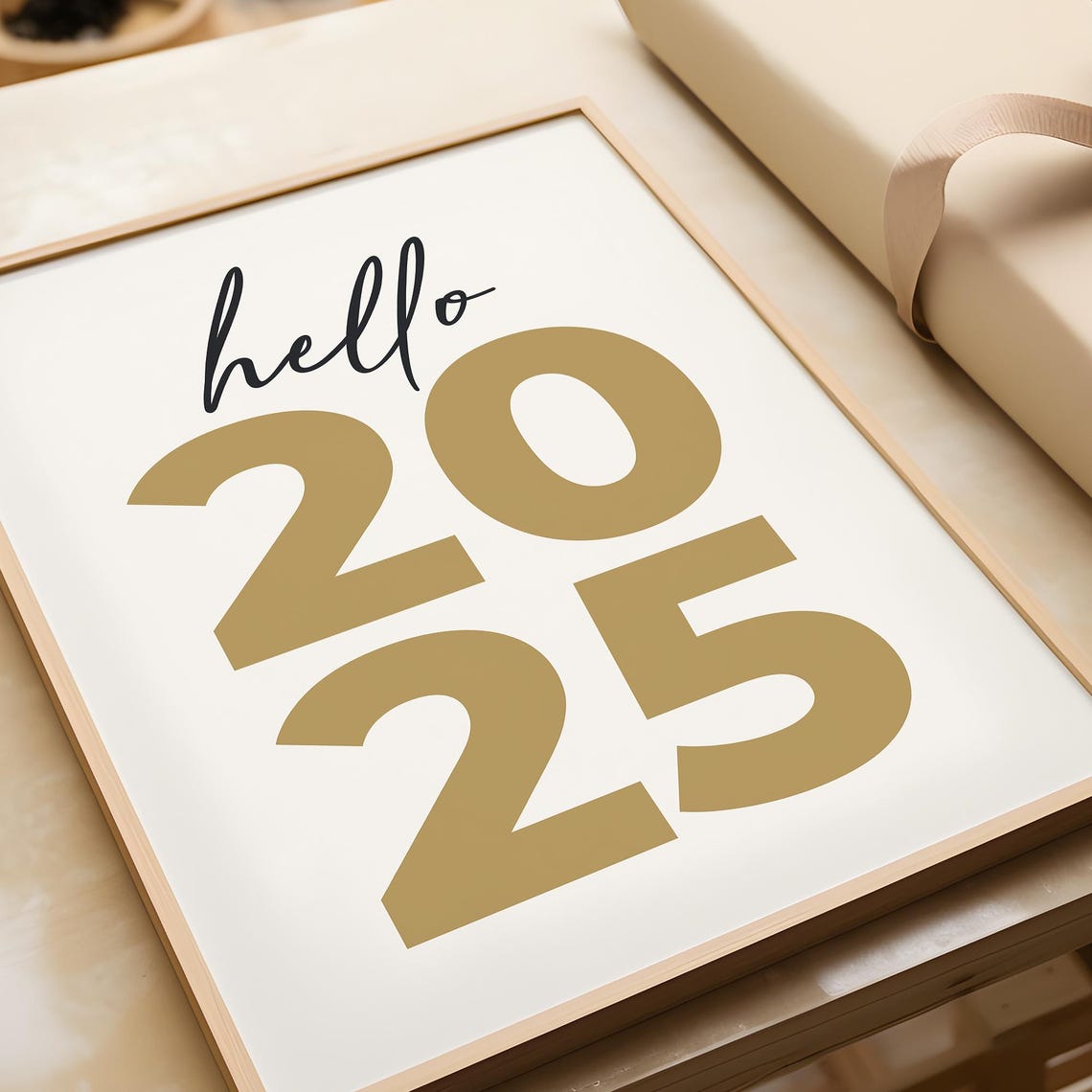 Hello 2025 Gold Script Typography Minimalist New Year Eve Wall Poster