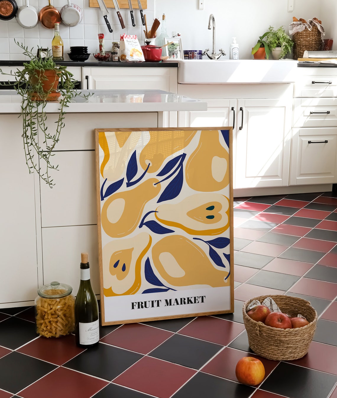Fruit Market Pears Golden Yellow Blue Leaves Retro Kitchen Poster - Image 2