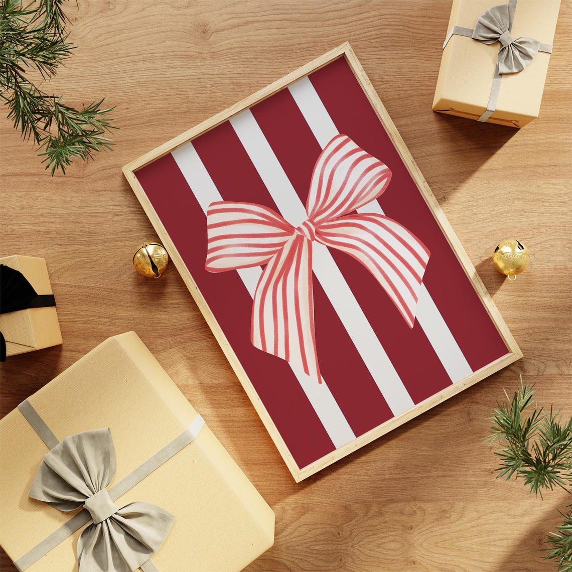 Red Striped Bow Christmas Gift Wrapping Holiday Coquette Poster - Image 3