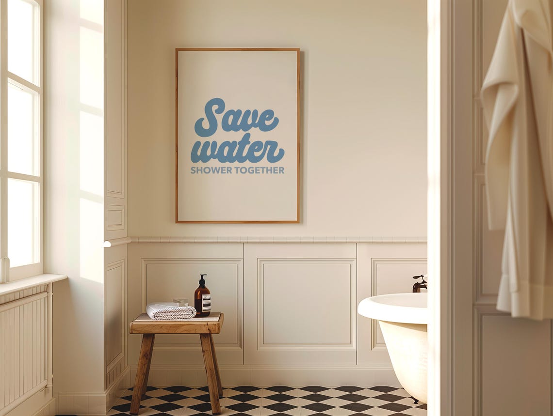 Save Water Shower Together Funny Blue Retro Bathroom Quote Poster - Image 4