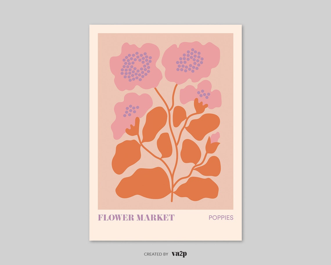 Flower Market Poppies Pink Orange Botanical Retro Style Poster - Image 2