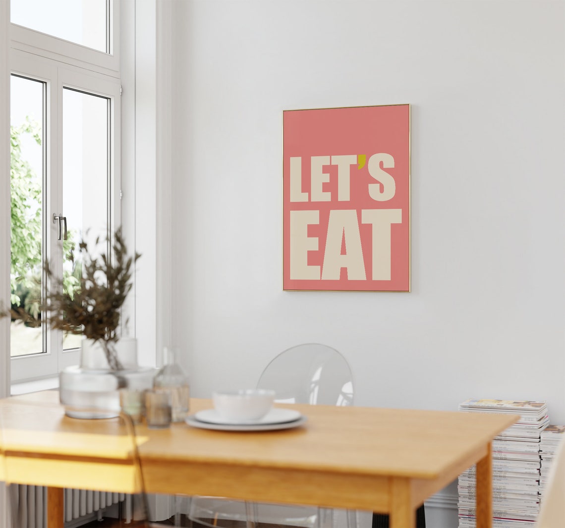 Lets Eat Coral Bold Typography Retro Kitchen Dining Room Wall Poster