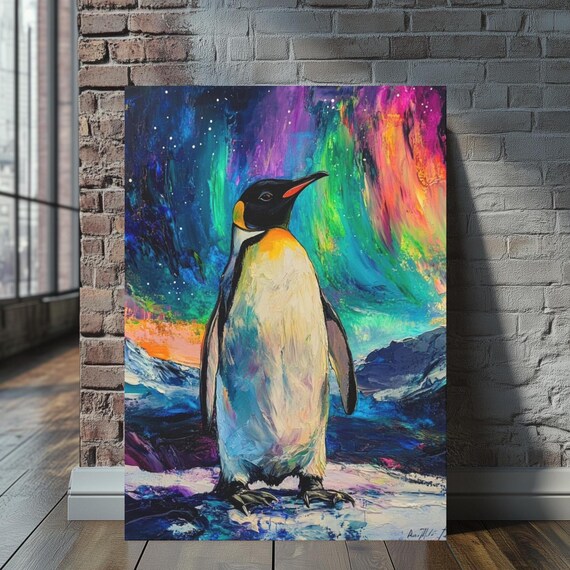 Colorful King Penguin Under Aurora Borealis Oil Painting Wall Art