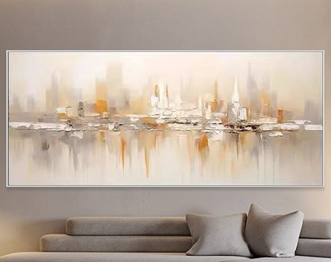 Gold Abstract City Skyline Reflection Misty Waterfront Urban Poster
