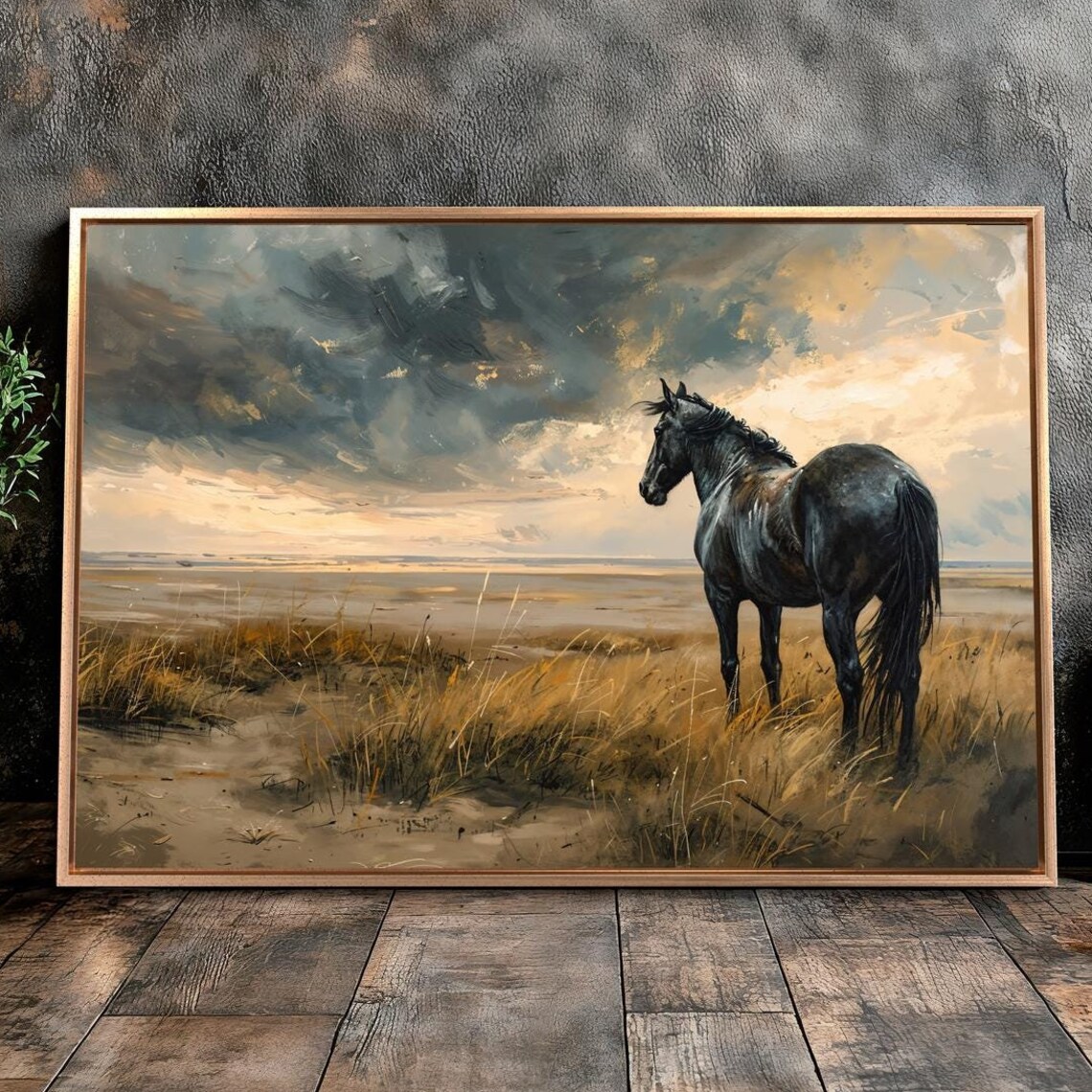 Black Horse Rural Landscape Art Print, Equestrian