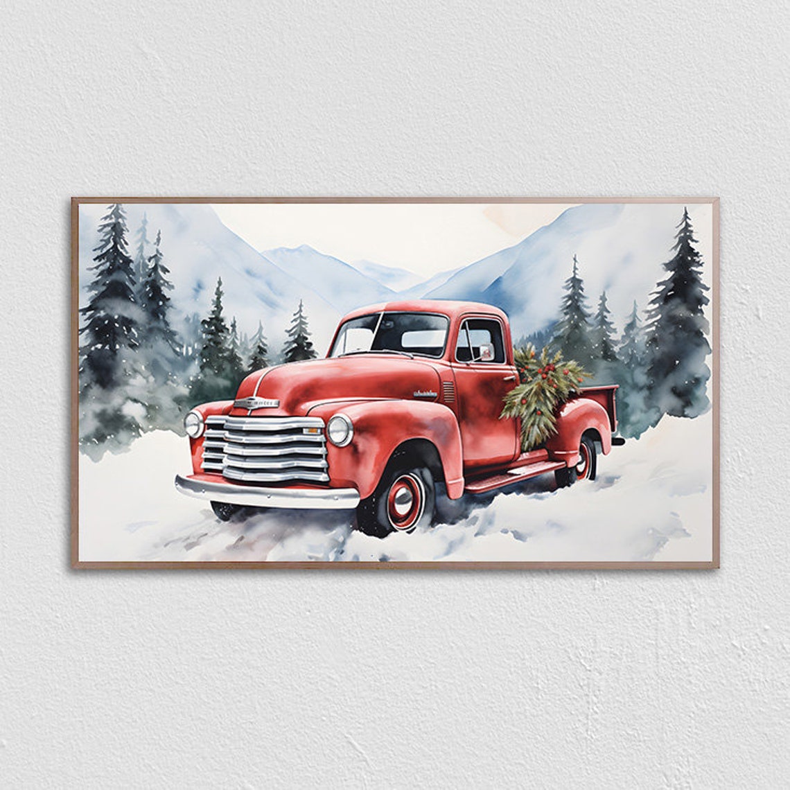Red Vintage Chevrolet Truck With Christmas Greenery Snow Poster