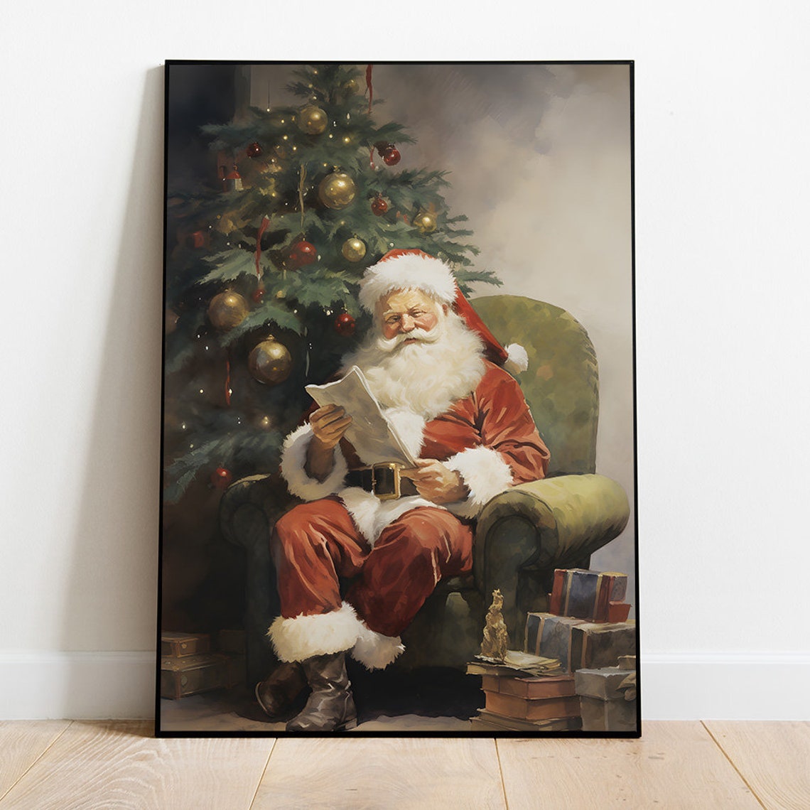 Classic Santa Claus Reading Letters Beside Christmas Tree Poster