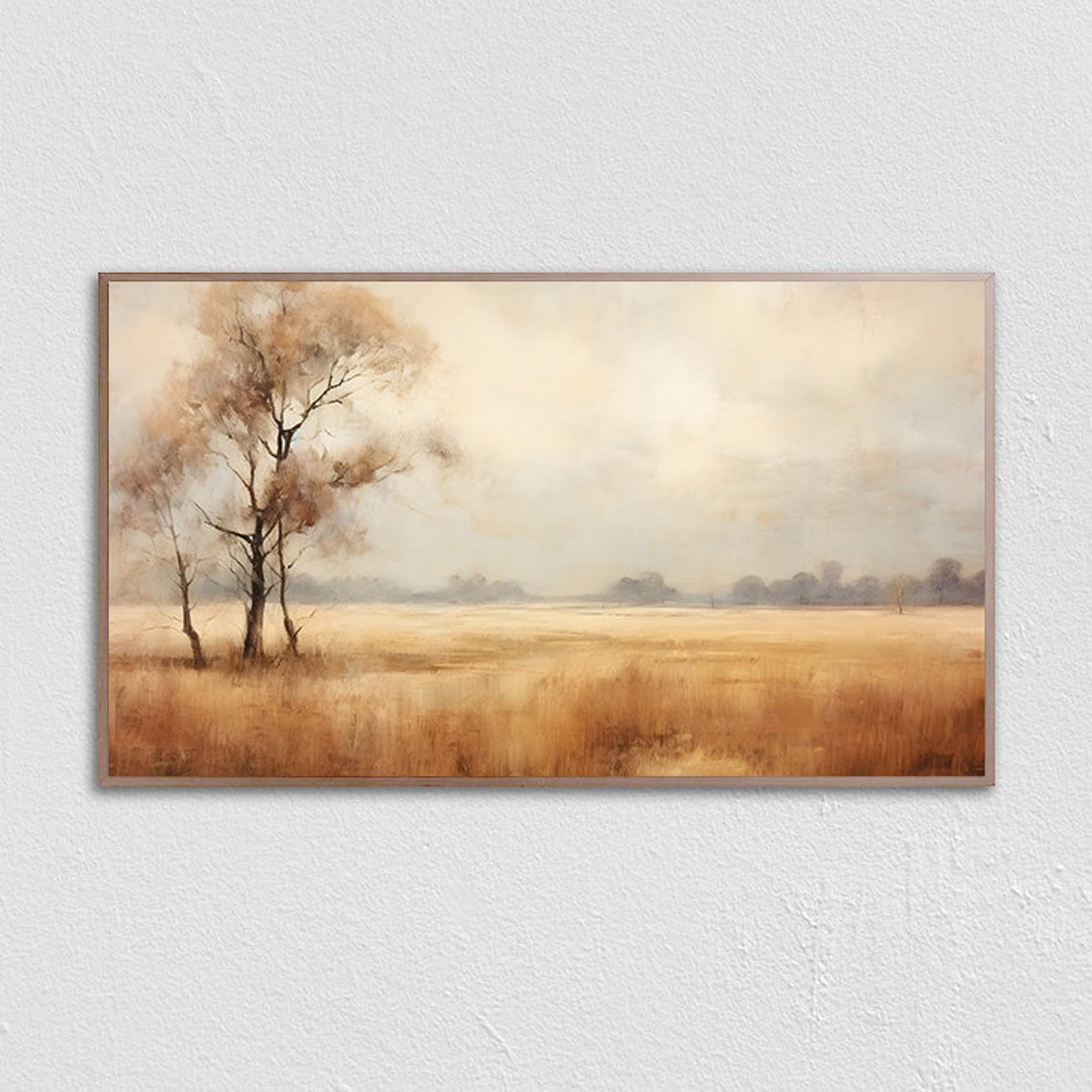 Minimalist Beige Field Lone Tree Misty Horizon Calm Landscape Print