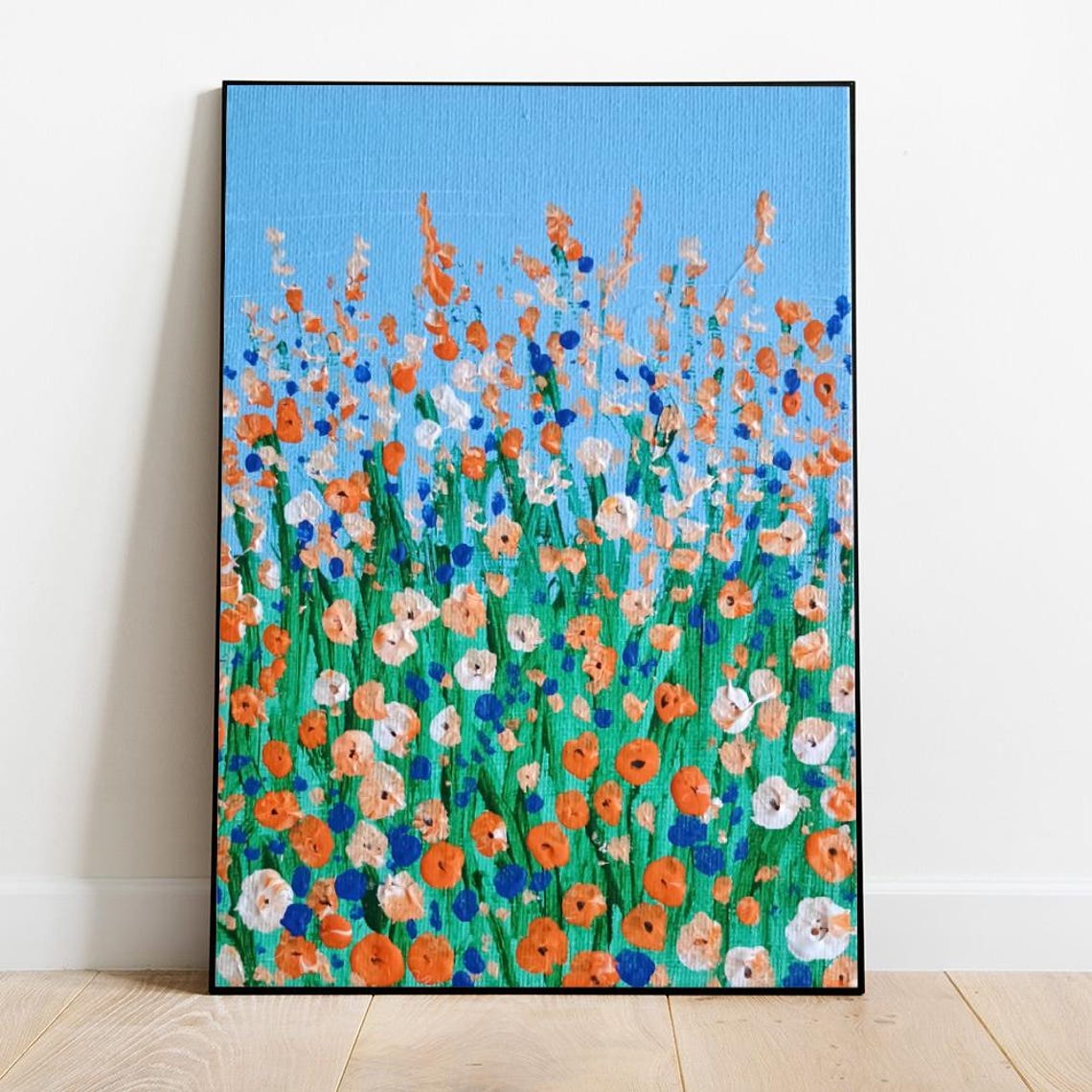 Orange Wildflowers Field Impasto Painting Under Bright Blue Sky Poster