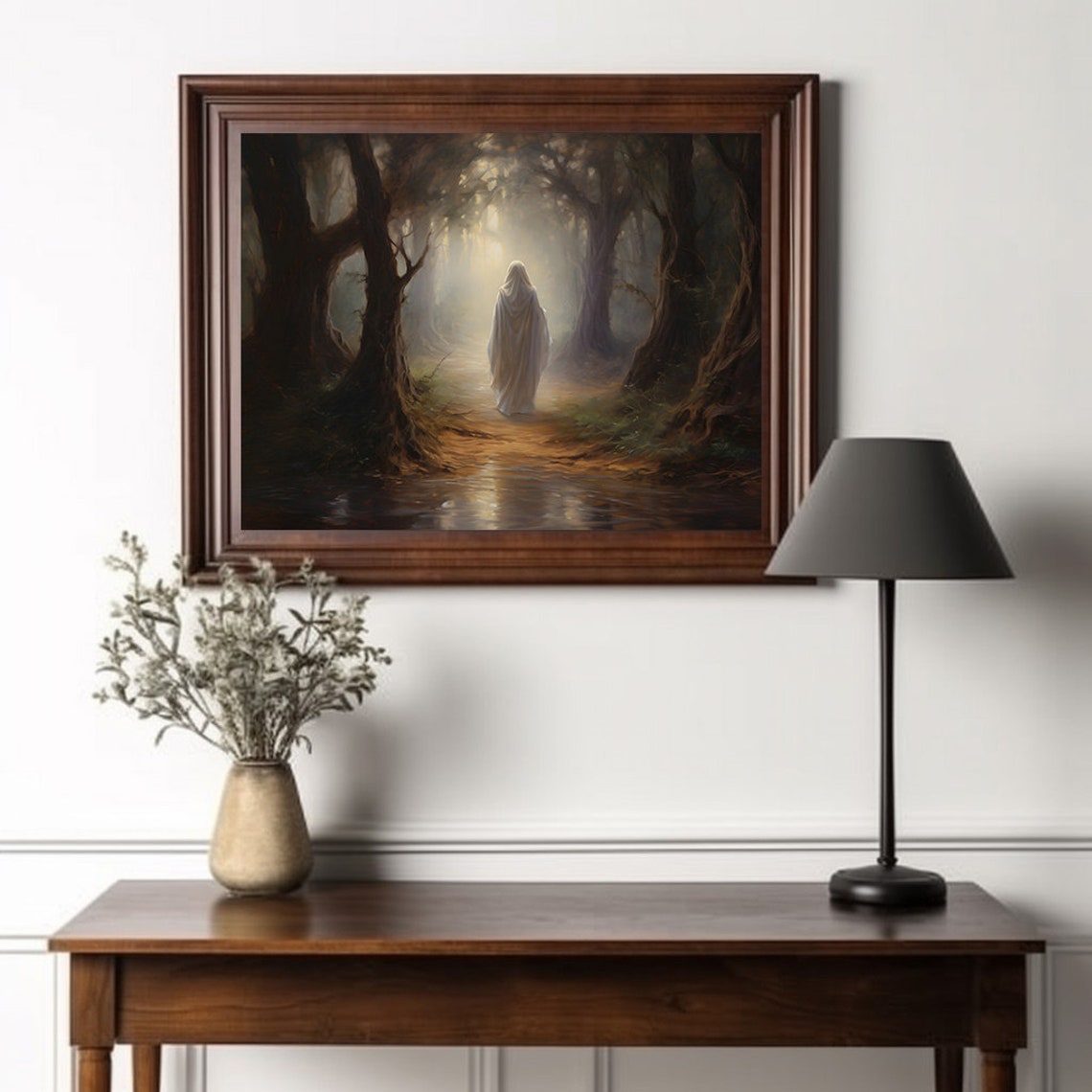 Ghostly Figure Misty Forest Path White Spirit Halloween Wall Art - Image 2
