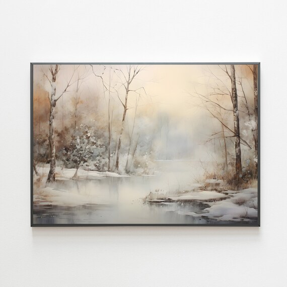 Rustic Winter Painting Vintage Winter Landscape Print Moody Country Scenery Christmas Art Cottagecore Wall Art