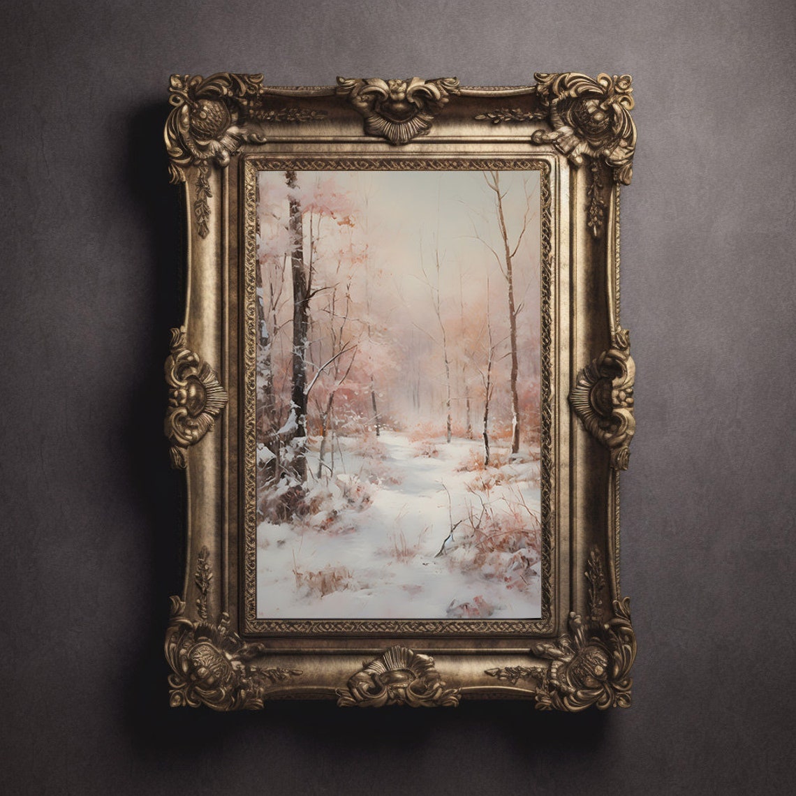 Blush Pink Snowy Forest Path In Soft Winter Light Landscape Poster - Image 3