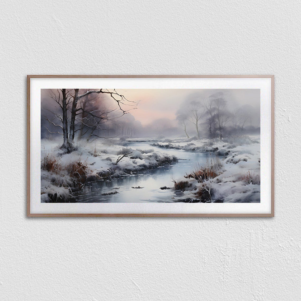 Misty Winter River Flowing Under A Blush Pink Sky Landscape Poster - Image 3