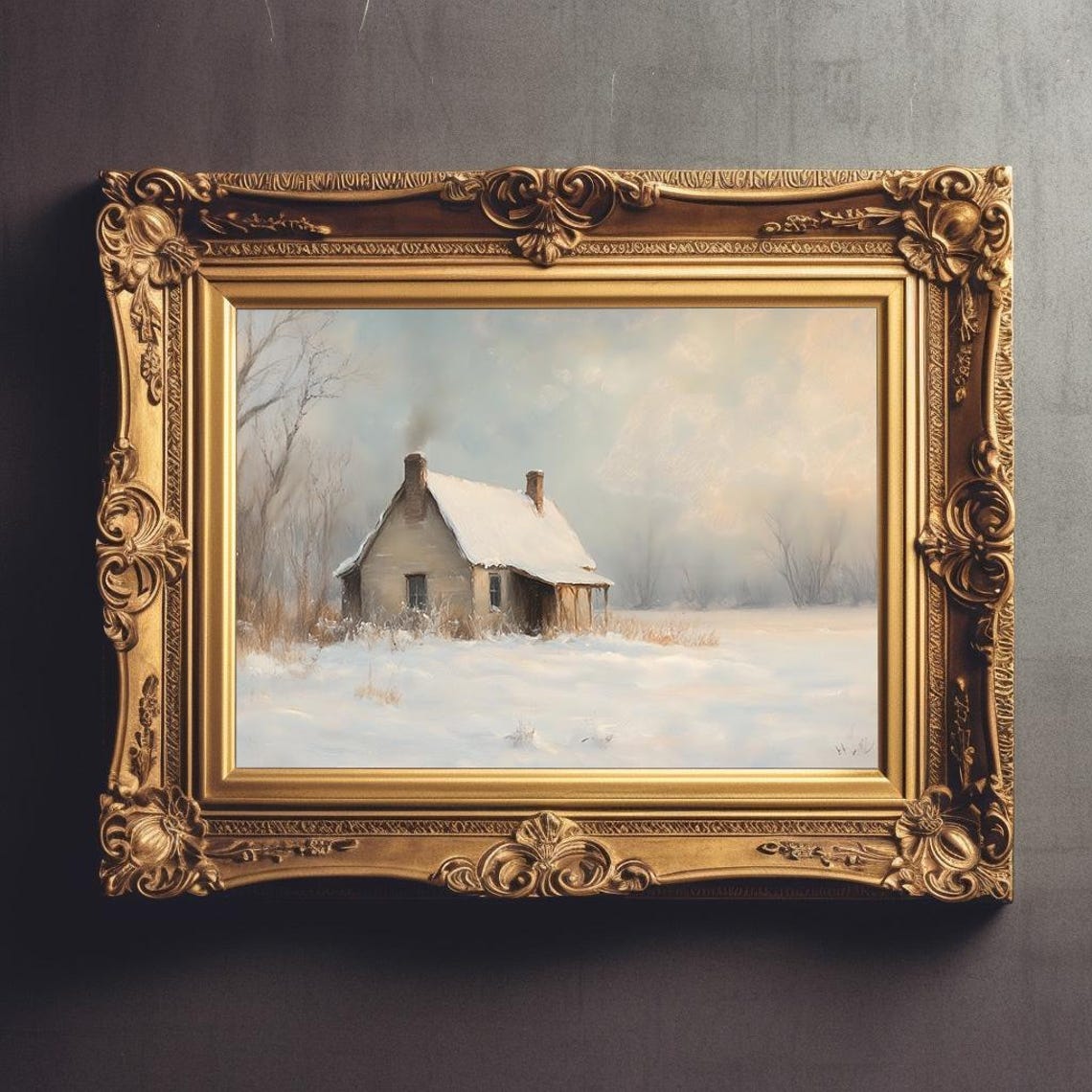 Snowy Country Cabin with Chimney Smoke Winter Pasture Painting Poster - Image 3