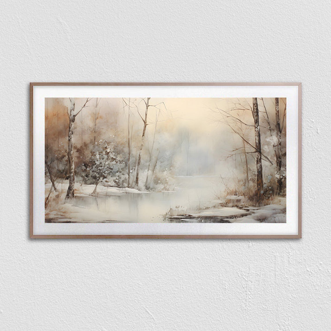 Misty Lake In A Snowy Birch Forest Soft Watercolor Landscape Poster - Image 3