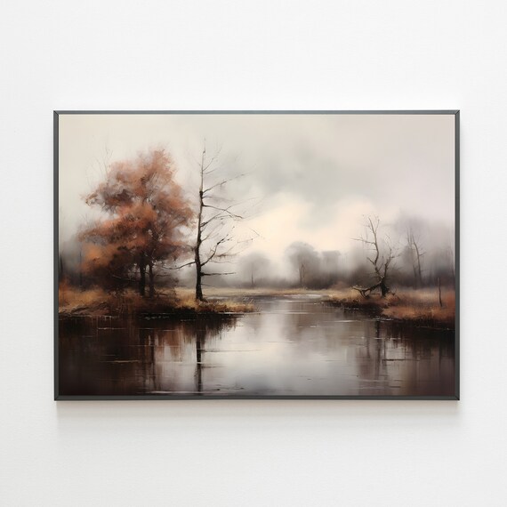 Misty River Autumn Trees Moody Fall Landscape Painting Poster