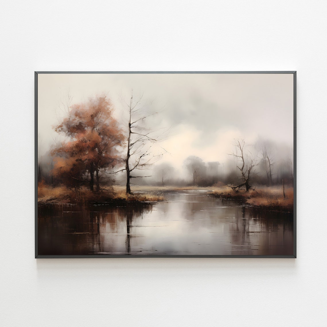 Misty River Autumn Trees Moody Fall Landscape Painting Poster