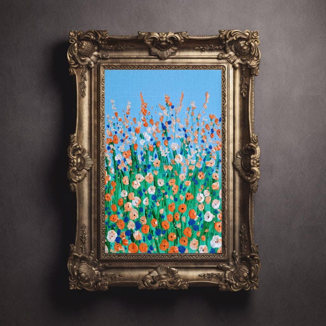 Orange Wildflowers Field Impasto Painting Under Bright Blue Sky Poster - Image 3