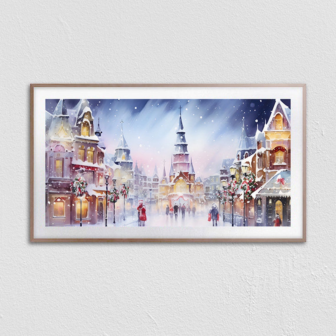 Snowy Christmas Village Street Watercolor With Church Poster - Image 3
