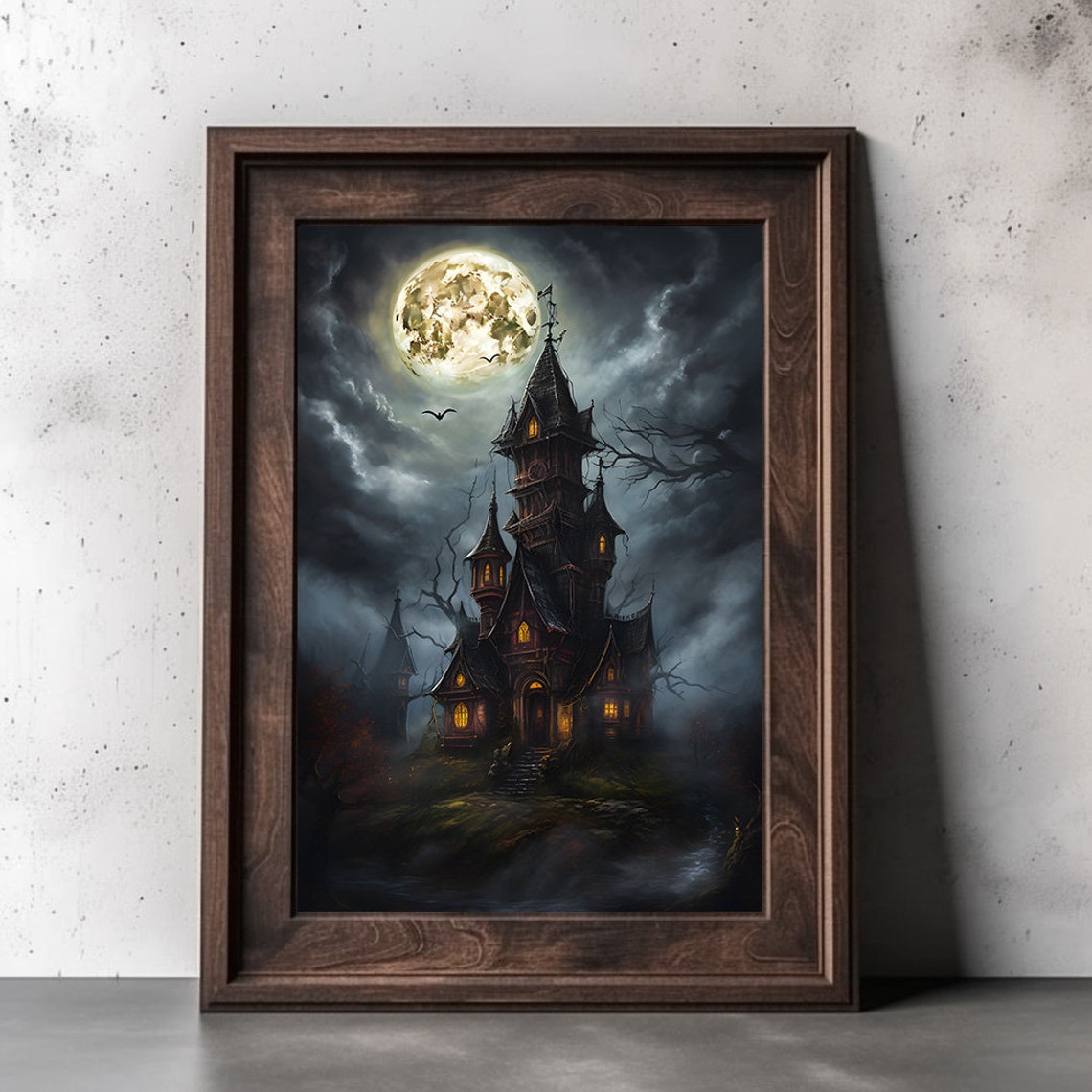 Haunted Castle Tower Full Moon Bats Spooky Gothic Night Poster - Image 2