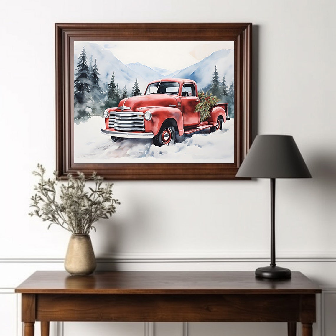 Vintage Red Chevrolet Pickup Truck In Snowy Mountains Poster - Image 2