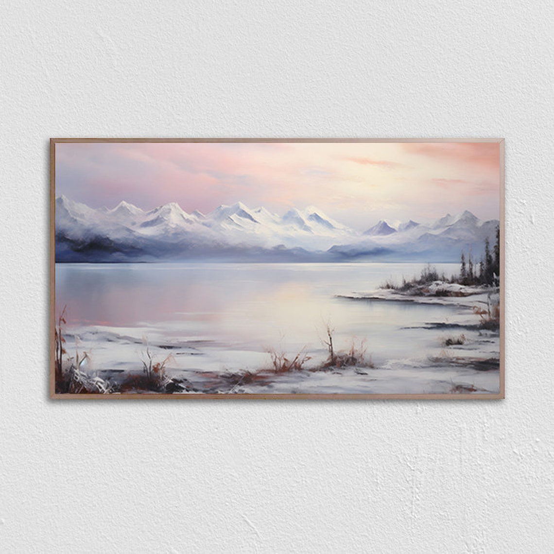 Snowy Mountain Range Reflected In A Calm Lake At Pink Sunset Poster