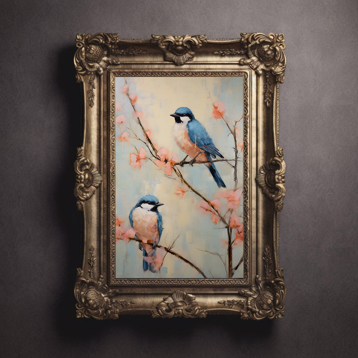 Pair Of Bluebirds On Cherry Blossom Branches Spring Morning Poster - Image 3