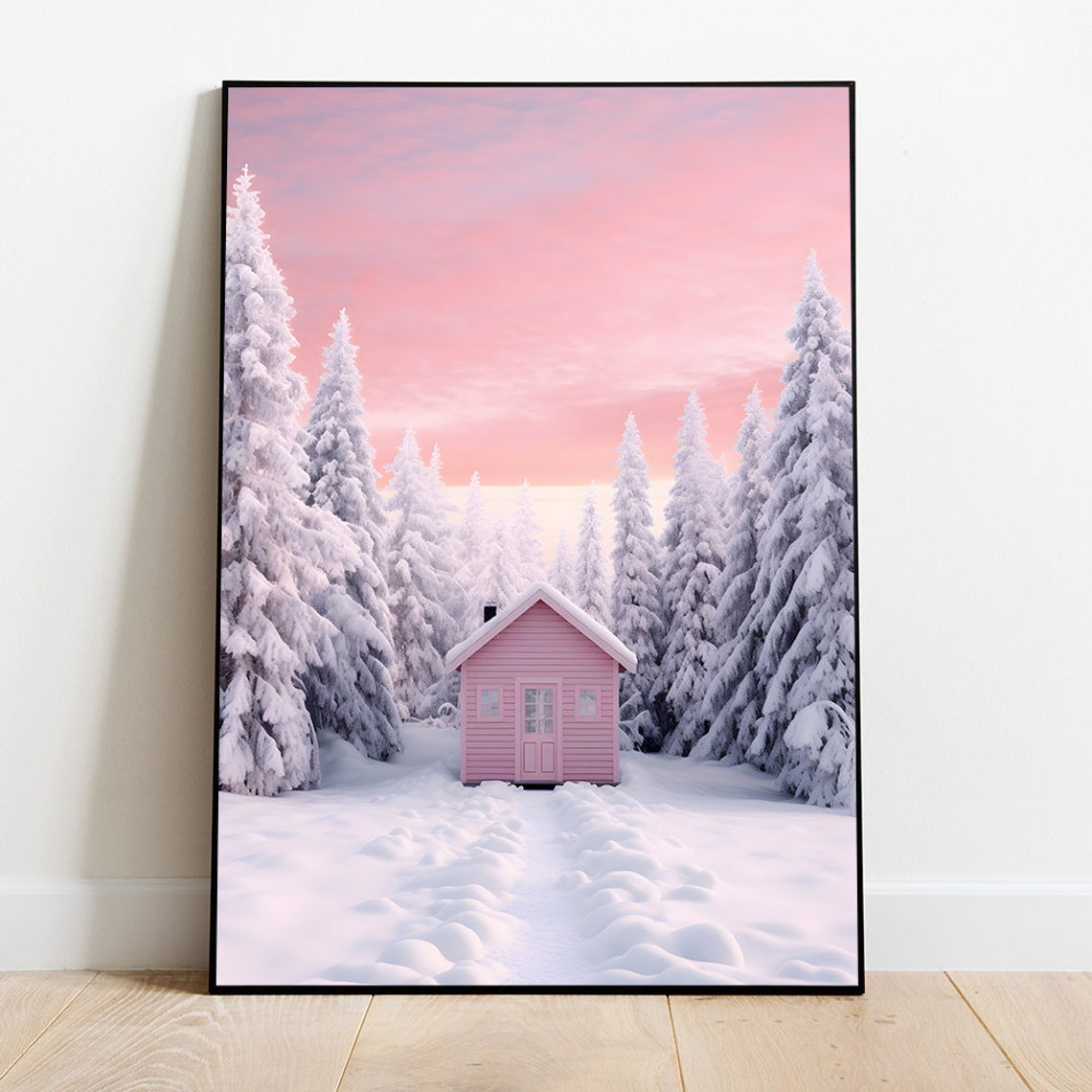 Pink Cabin In Snowy Forest Sunset Dreamy Winter Wonderland Poster