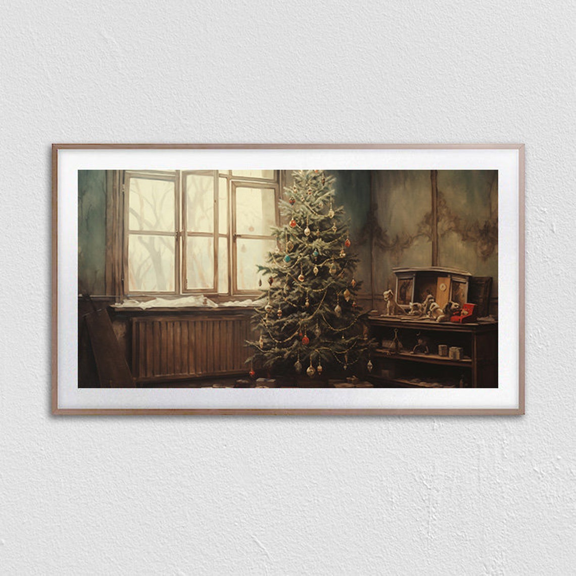 Vintage Christmas Tree In Rustic Room With Antique Toys Poster - Image 3