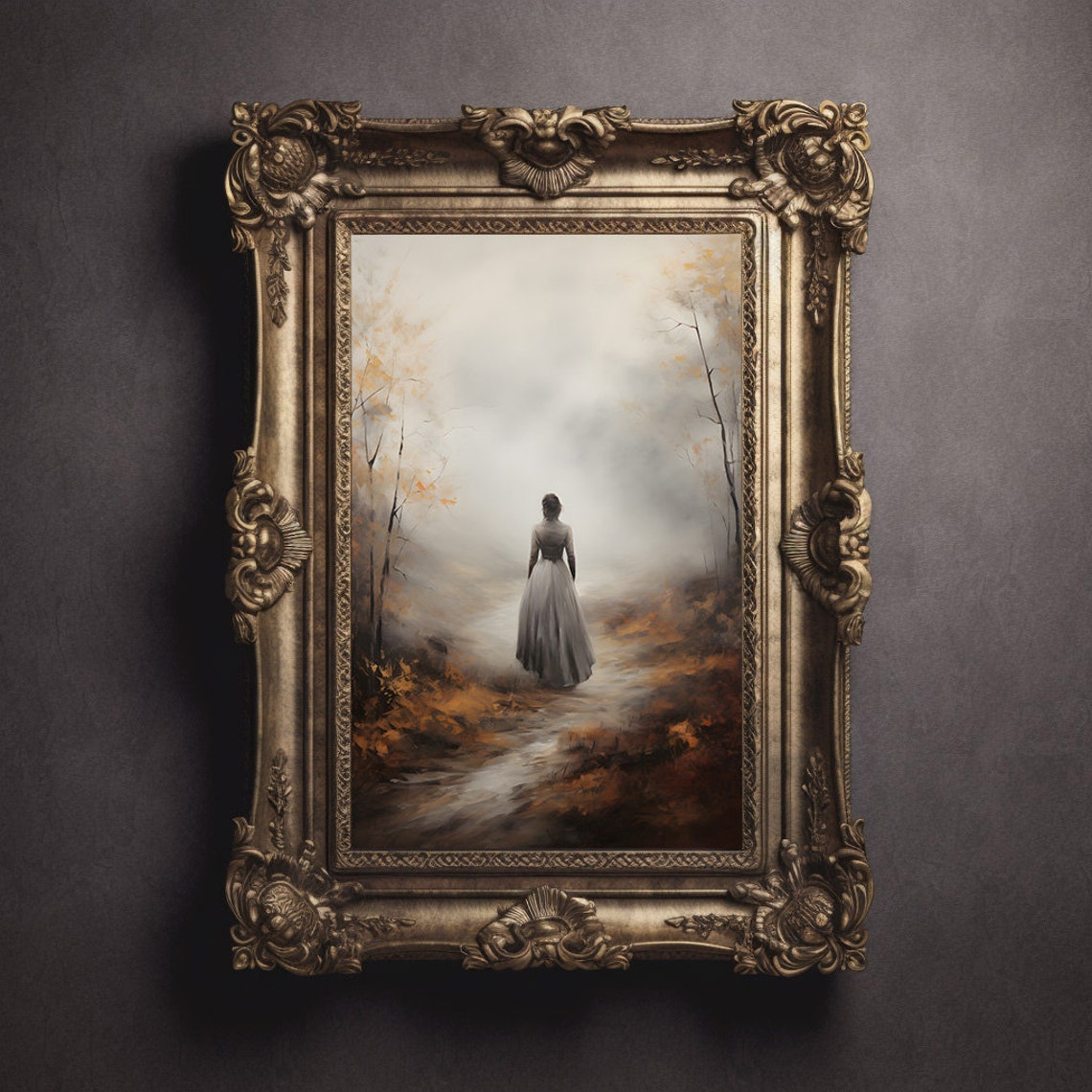 Woman In Grey Dress Walking Into A Foggy Autumn Forest Poster - Image 2