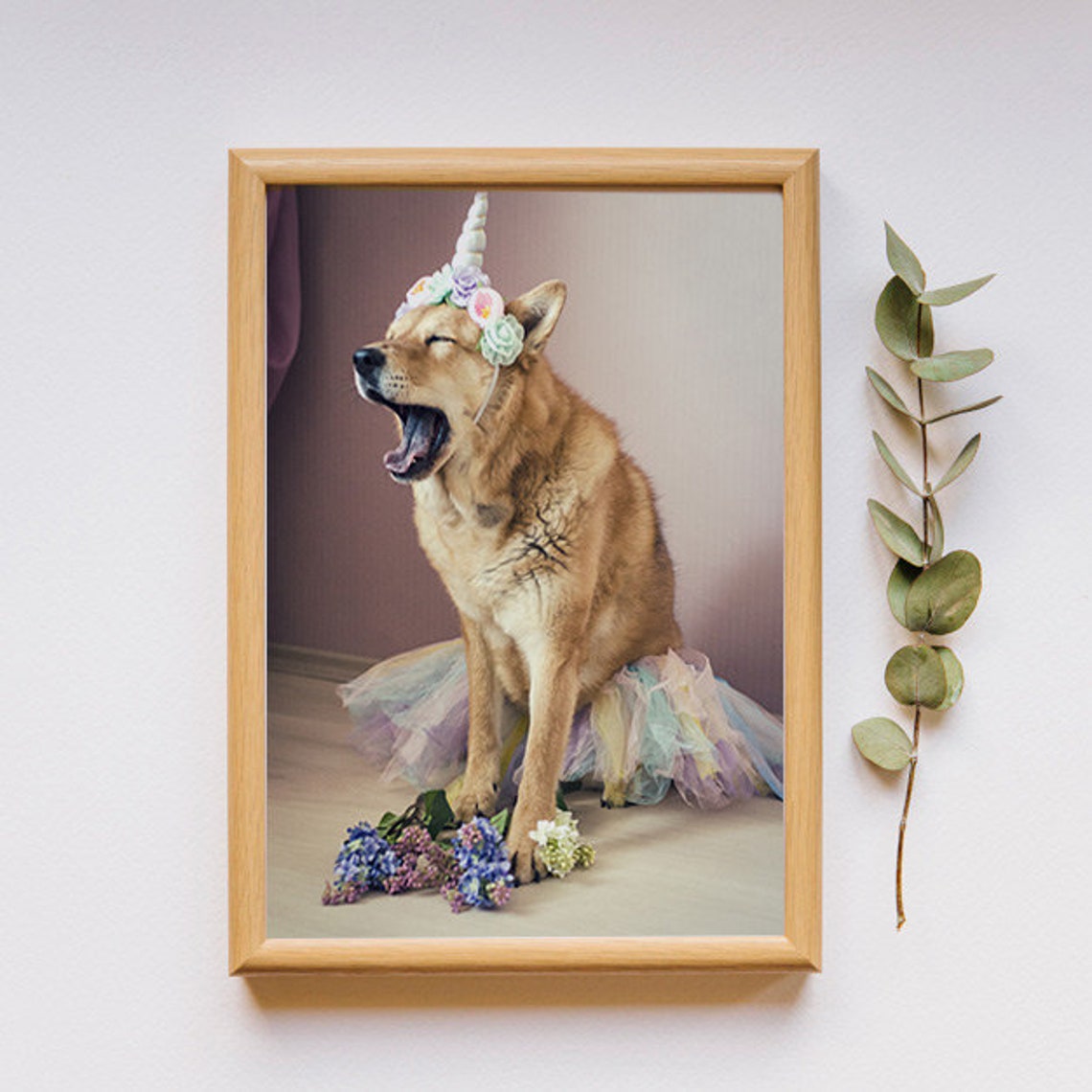 Funny Dog Unicorn Costume Tutu Flower Crown Pet Portrait Wall Art