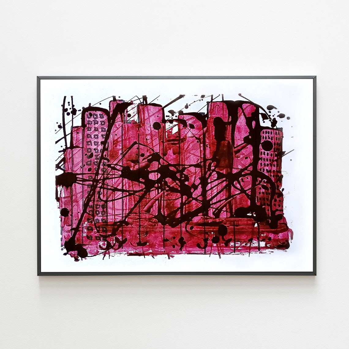 Magenta City Skyline Abstract Painting With Black Ink Splatter Poster
