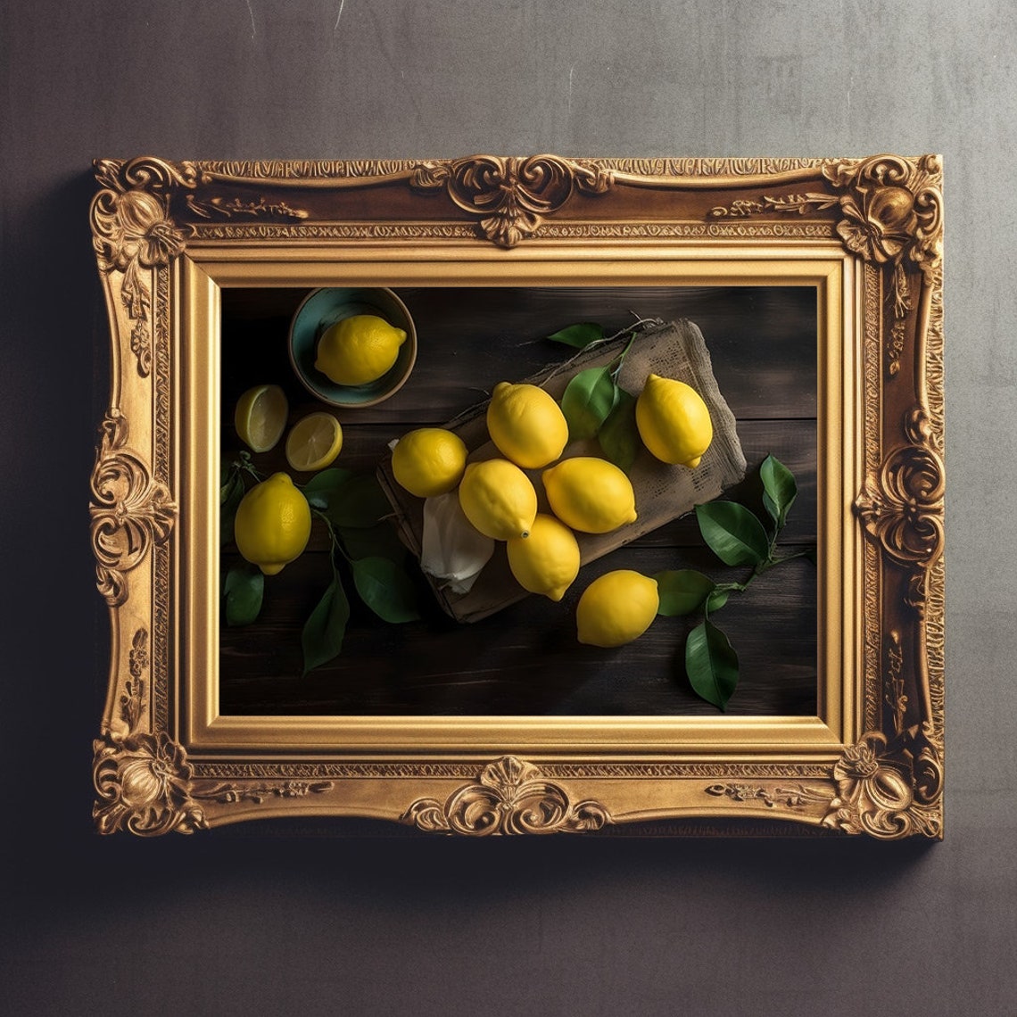 Fresh Lemons Dark Wood Rustic Citrus Still Life Moody Kitchen Poster - Image 2