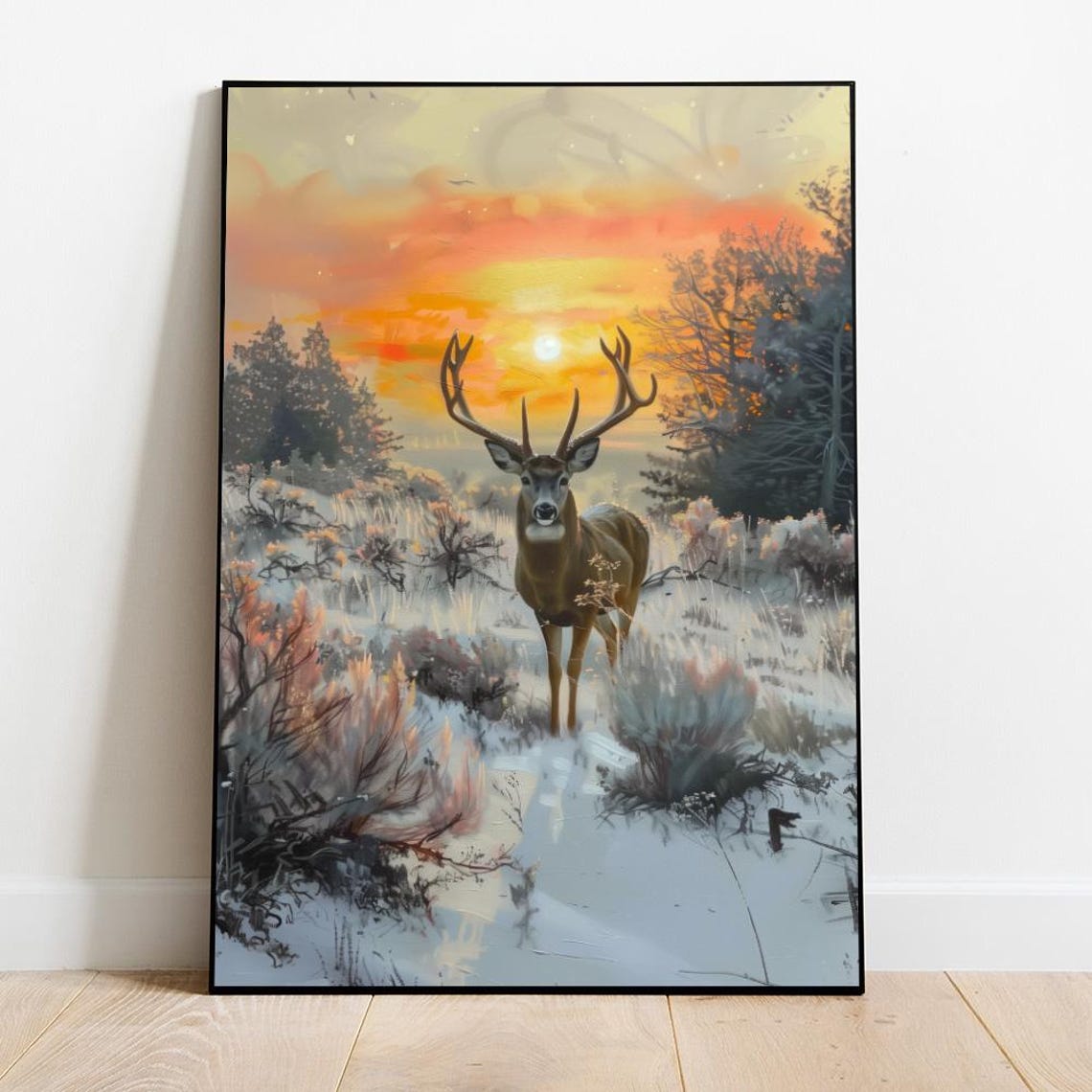 Stag Buck Deer In Snowy Field At Fiery Sunset Wildlife Poster