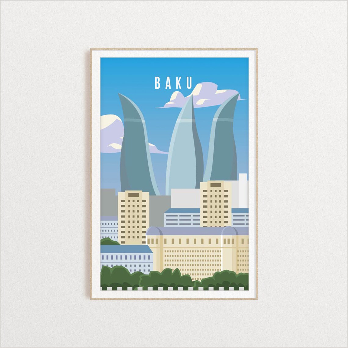 Baku Flame Towers Skyline Modern City Travel Poster Azerbaijan - Image 2