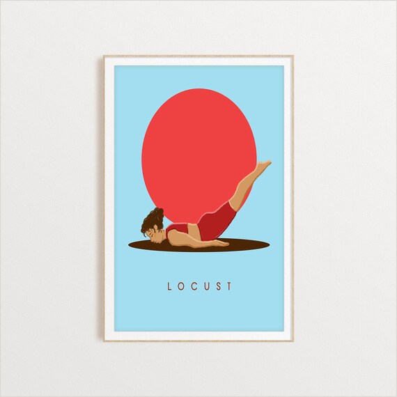 Locust Yoga Pose Bold Red Sun Minimalist Retro Studio Poster