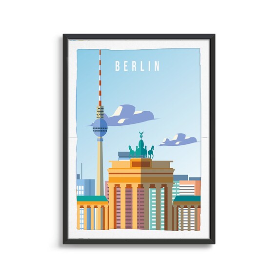 Berlin Vintage Travel Art TV Tower Brandenburg Gate Skyline Poster