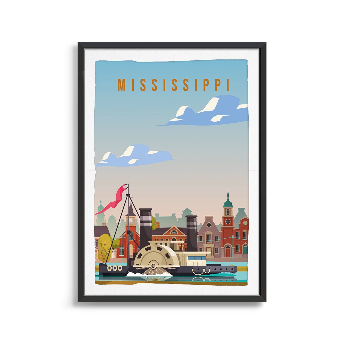 Mississippi Riverboat Travel Poster Paddle Wheel Steamboat Town Art